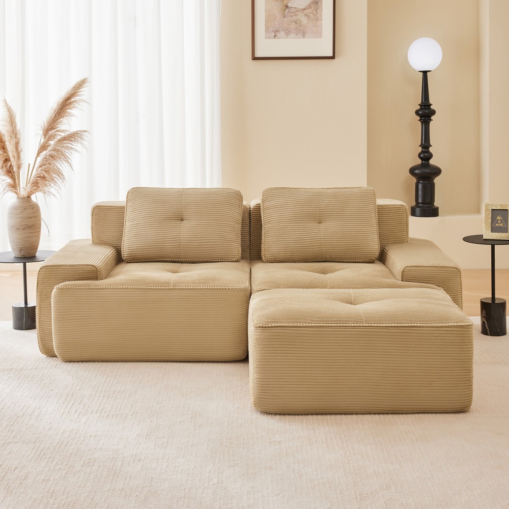 82" L-Shaped Modular Sectional Sofa w/ Ottoman, Corduroy, Camel