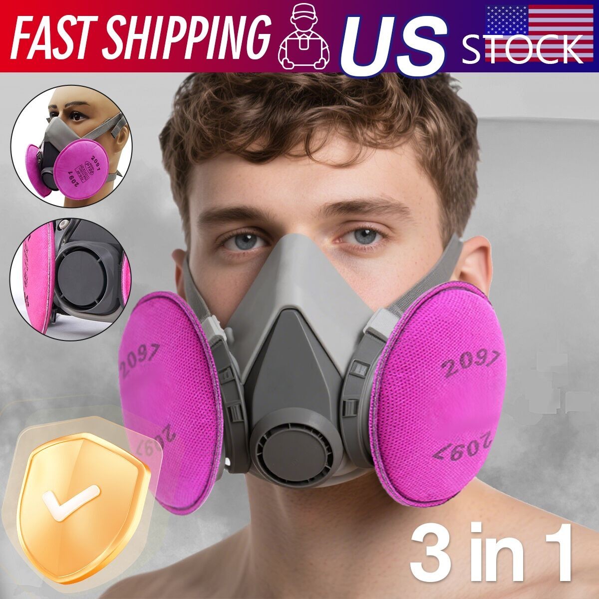 MEDIUM Half Face Respirator Facepiece Mask & 2- 2097 P100 Particulate Filters US
