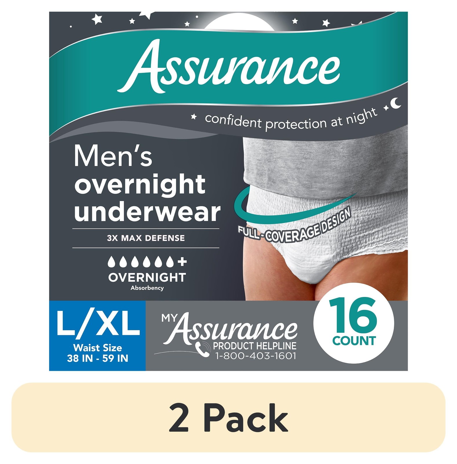 (2 pack) Assurance Men's Overnight Incontinence Underwear, L/XL