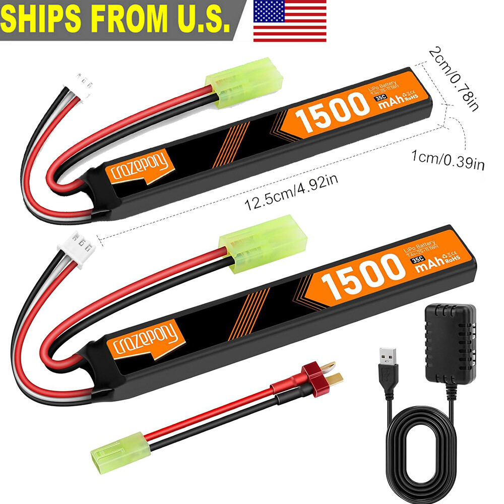 2x 2S Airsoft Battery 7.4V 1500mAh 35C LiPo Tamiya Plug with Charger for AEG ASL