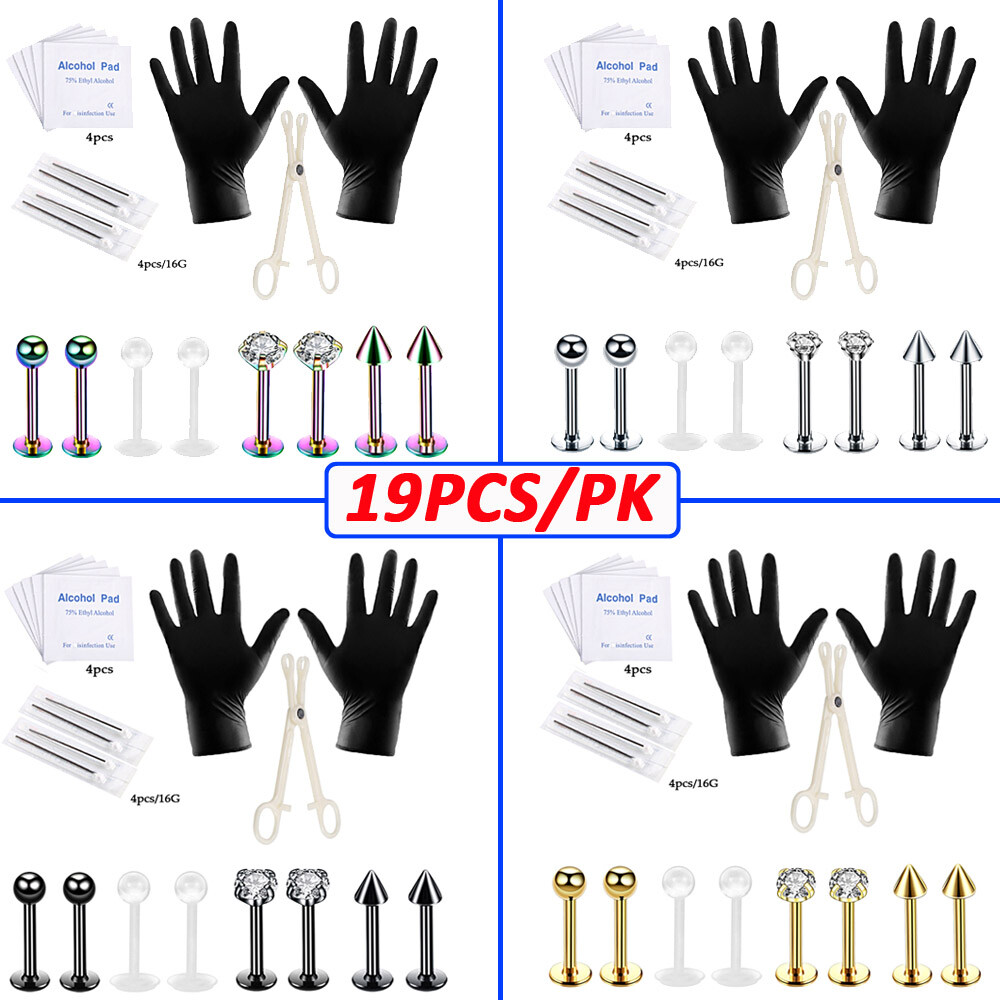 19PCS Body Piercing Kit Stainless Steel Lip Ring Labret Stud Needle Tool Set 16G