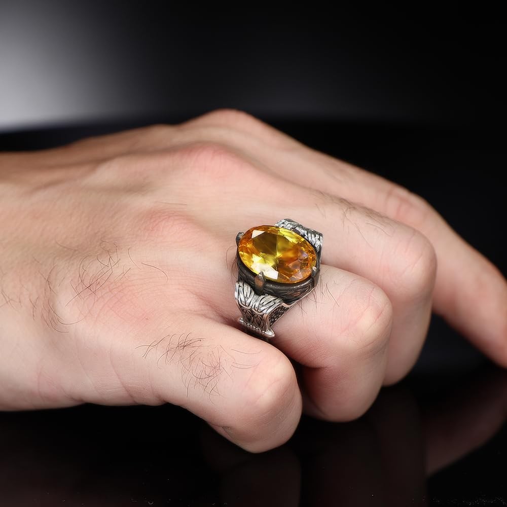 Byzantine Chain Design 925 Sterling Silver Citrine Stone Men's Ring, Handmade