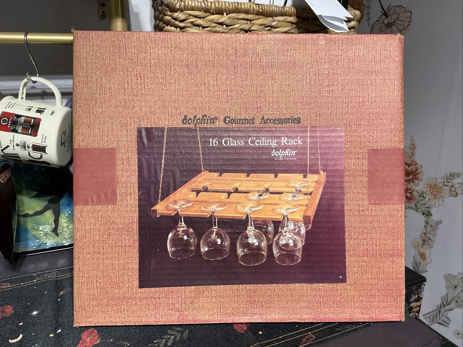 Vintage Teakwood Dolphin Lipper International NEW 16 Glass Ceiling Rack In Box