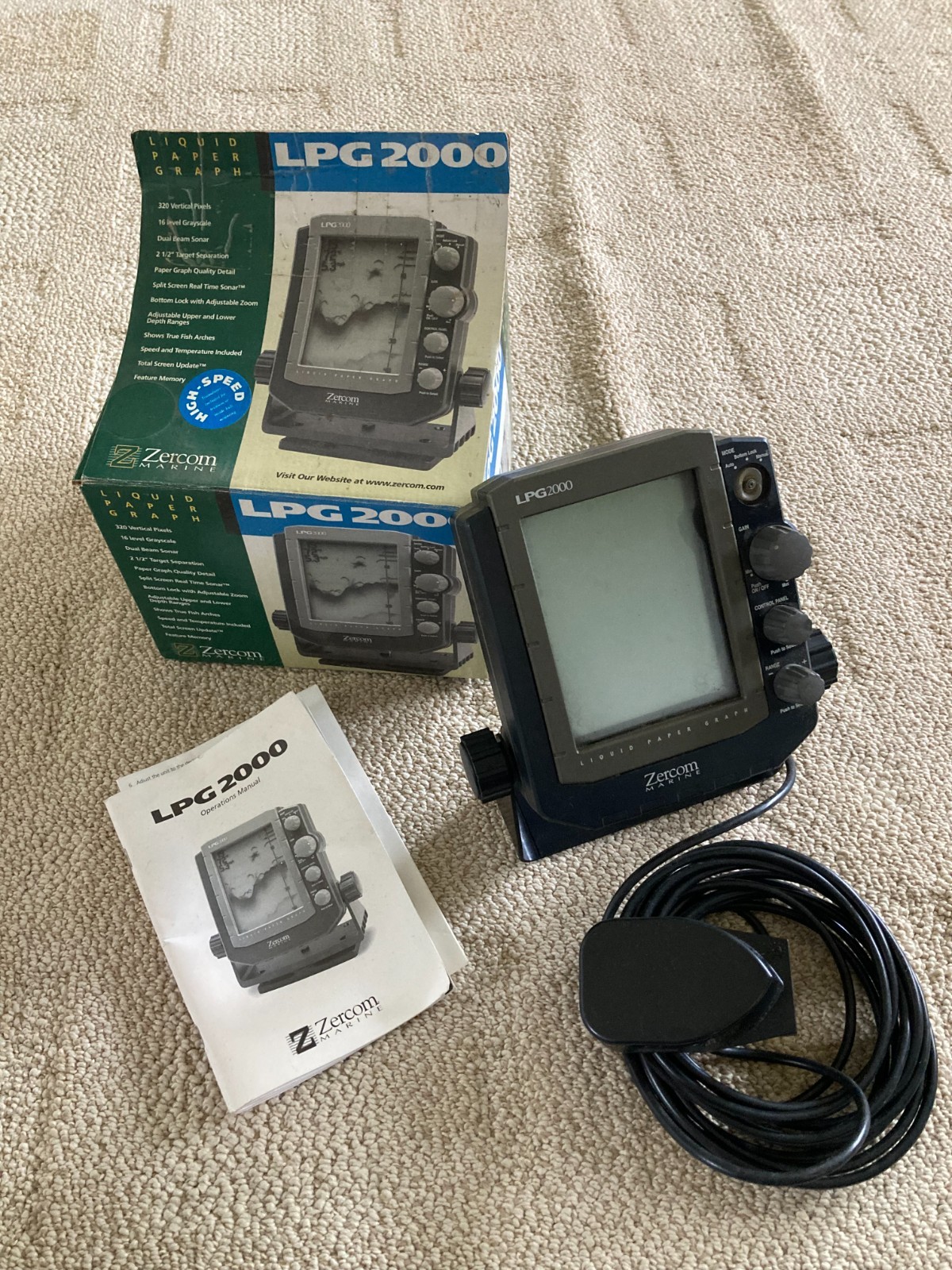 Zercom Marine LPG2000 depth finder with transducer ,mount hardware and manual