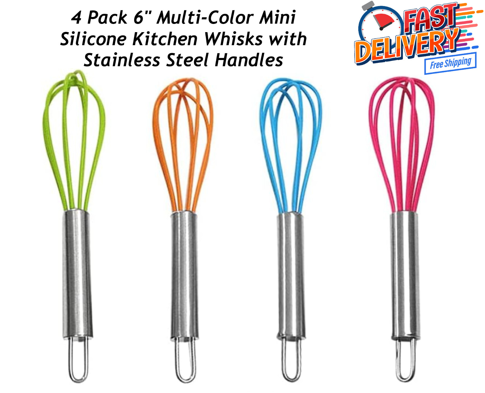 4 Pack 6" Multi-Color Mini Silicone Kitchen Whisks with Stainless Steel Handles