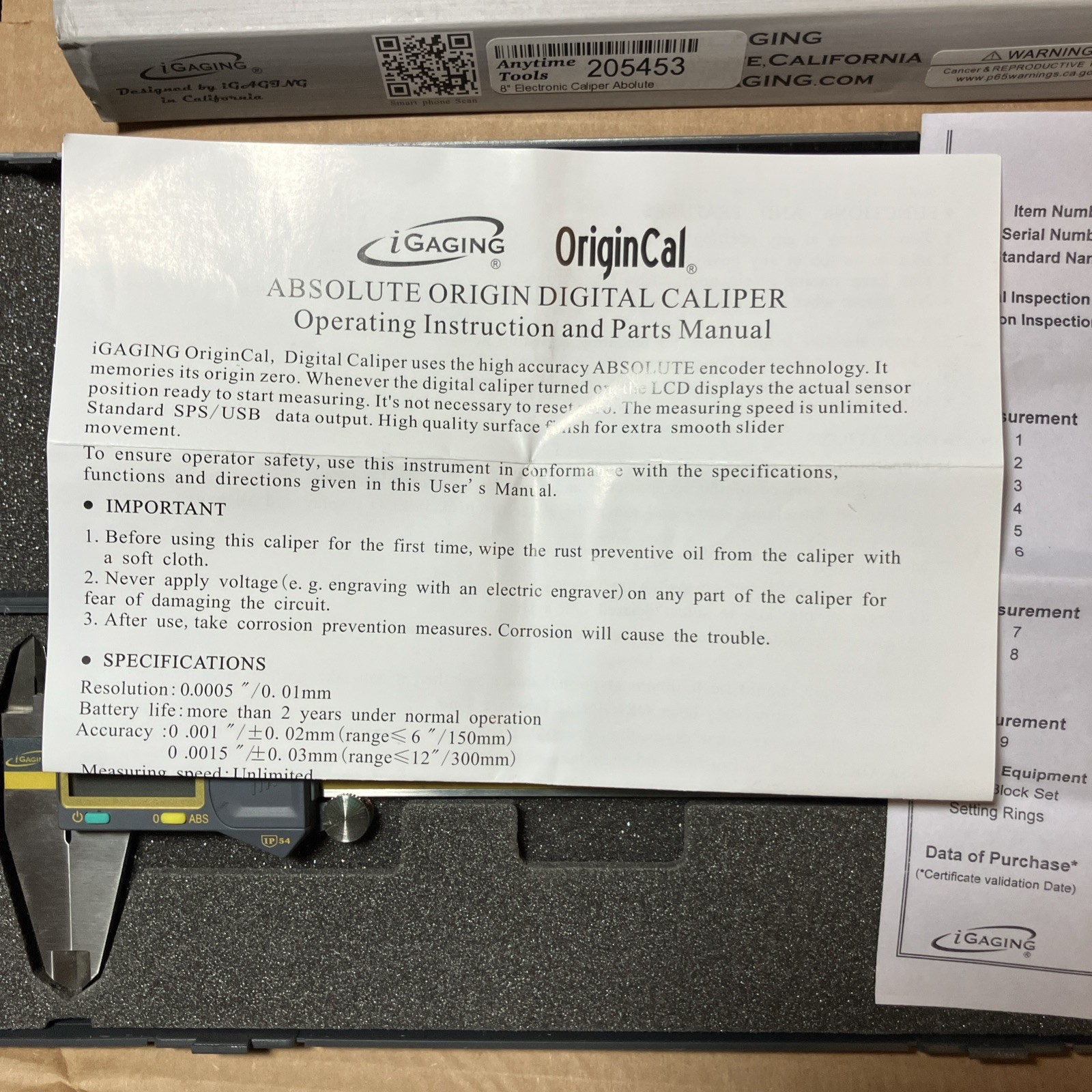 Igaging Ip54 Absolute Origin 8” Digital Electronic Caliper - OriginCal