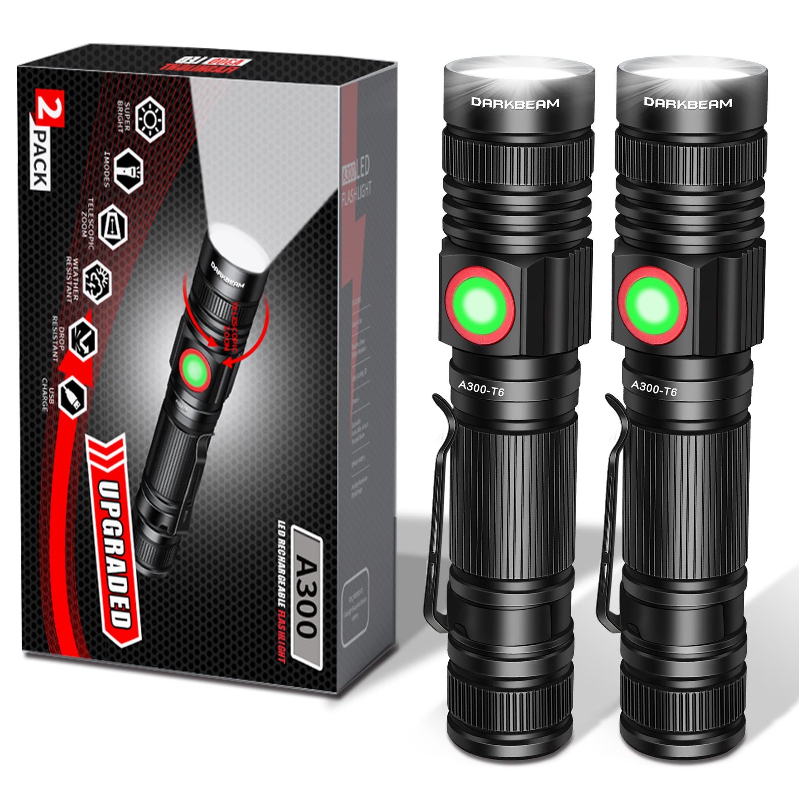 DARKBEAM LED Flashlights A300-White light, A300 White Light - 2 PACK
