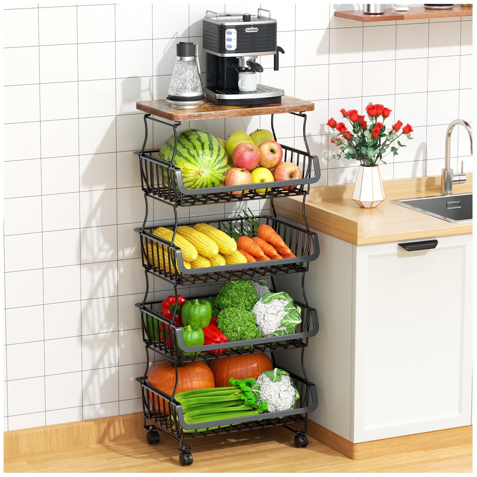 Fruit Vegetable Basket for Kitchen, 5 Tier Stackable Fruit Vegetable Storage ...