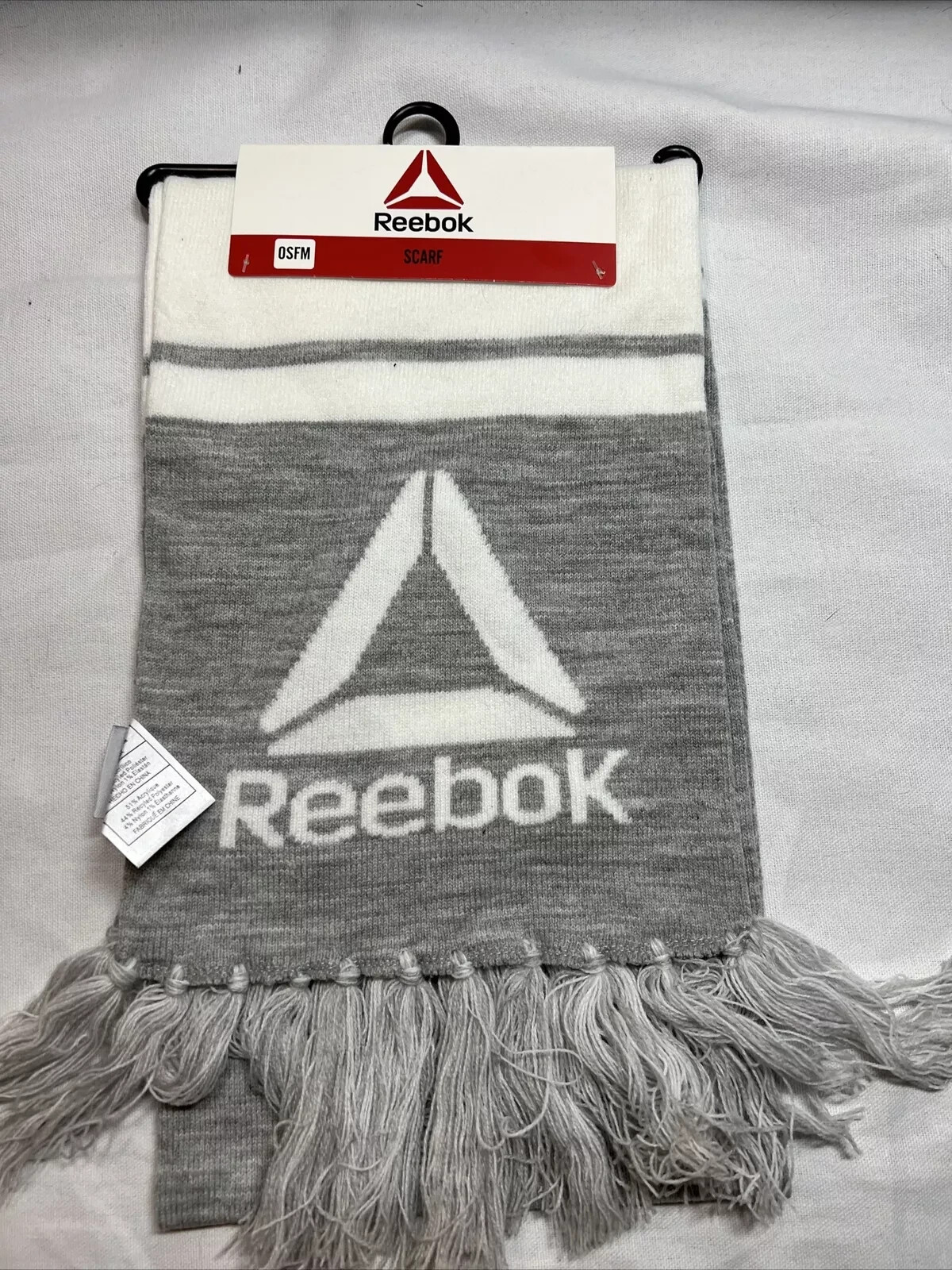 Reebok Scarf Spellout Unisex Tassel Fringe Gray And White New