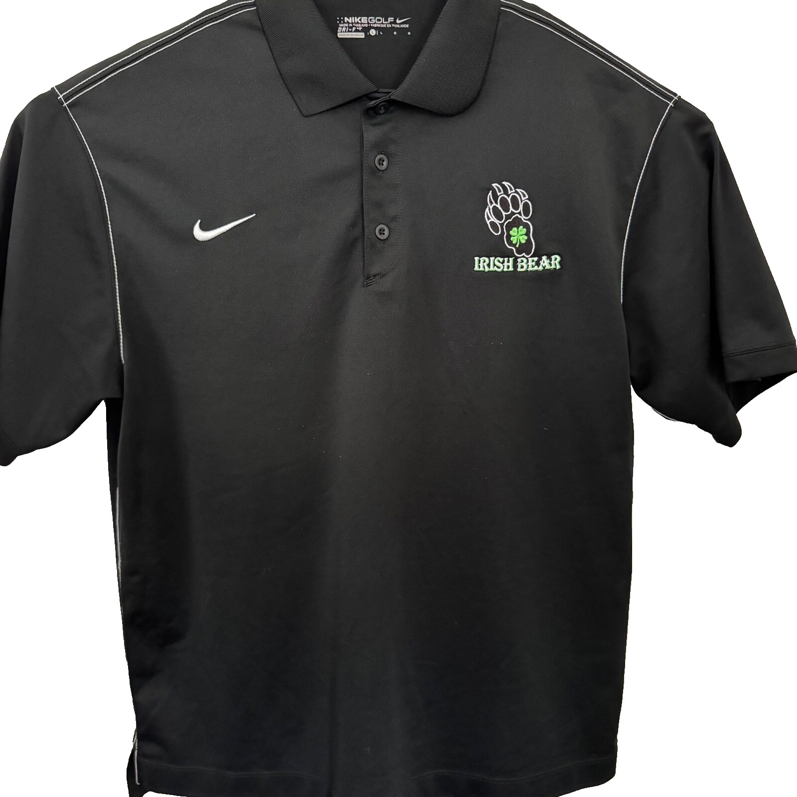 Nike Golf Dri-Fit Size large Black Polo Collared Irish Bears on Chest 100% Poly.