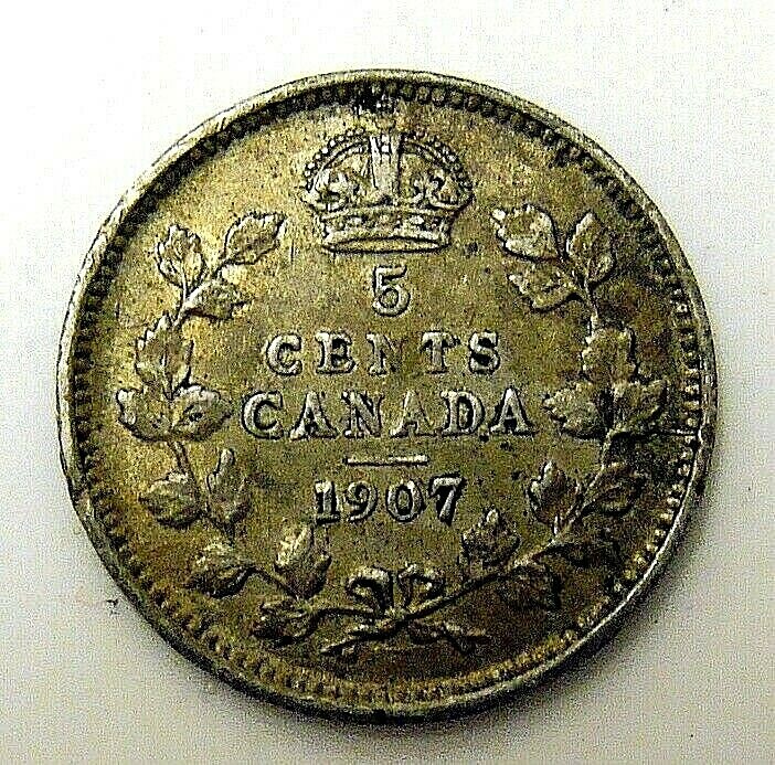 1907 NICE XF PROBLEM FREE CANADA 5 CENT SILVER, FREE SHIPPING IN USA