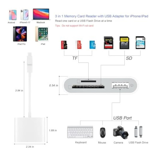 SD Card Reader for iPhone iPad USB-C Lightning SD TF Camera Adapter White