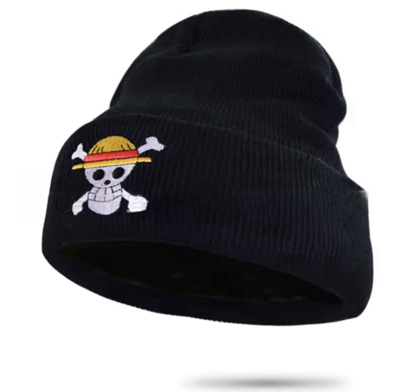 One Piece Jolly Roger Black Cotton Cuffed Beanie Embroidery NEW