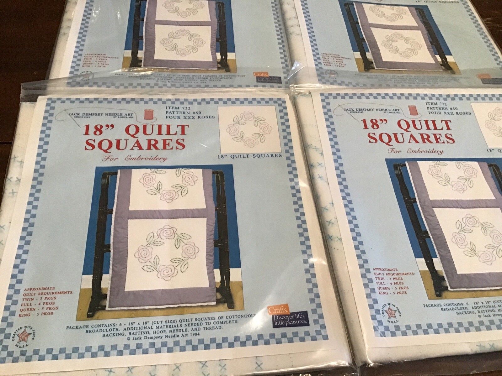 Lot Of 4 Stamped White Quilt Blocks 18"X18" 24 Pkg Four XX Roses 013155470505