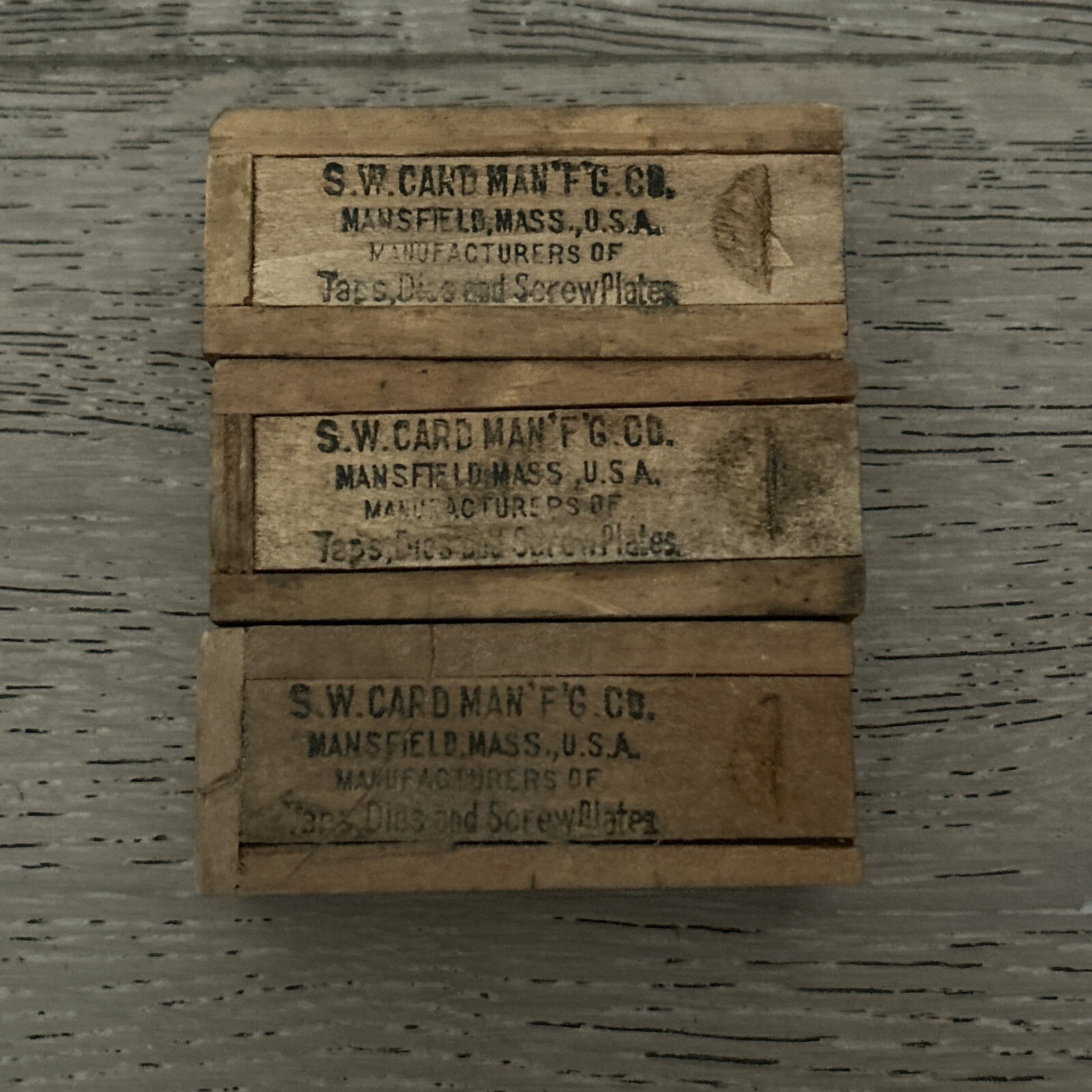 3 VTG NOS S.W. CARD Mfg. Co. Original Wood Box taps Made in USA 3-48 N.C. Plug