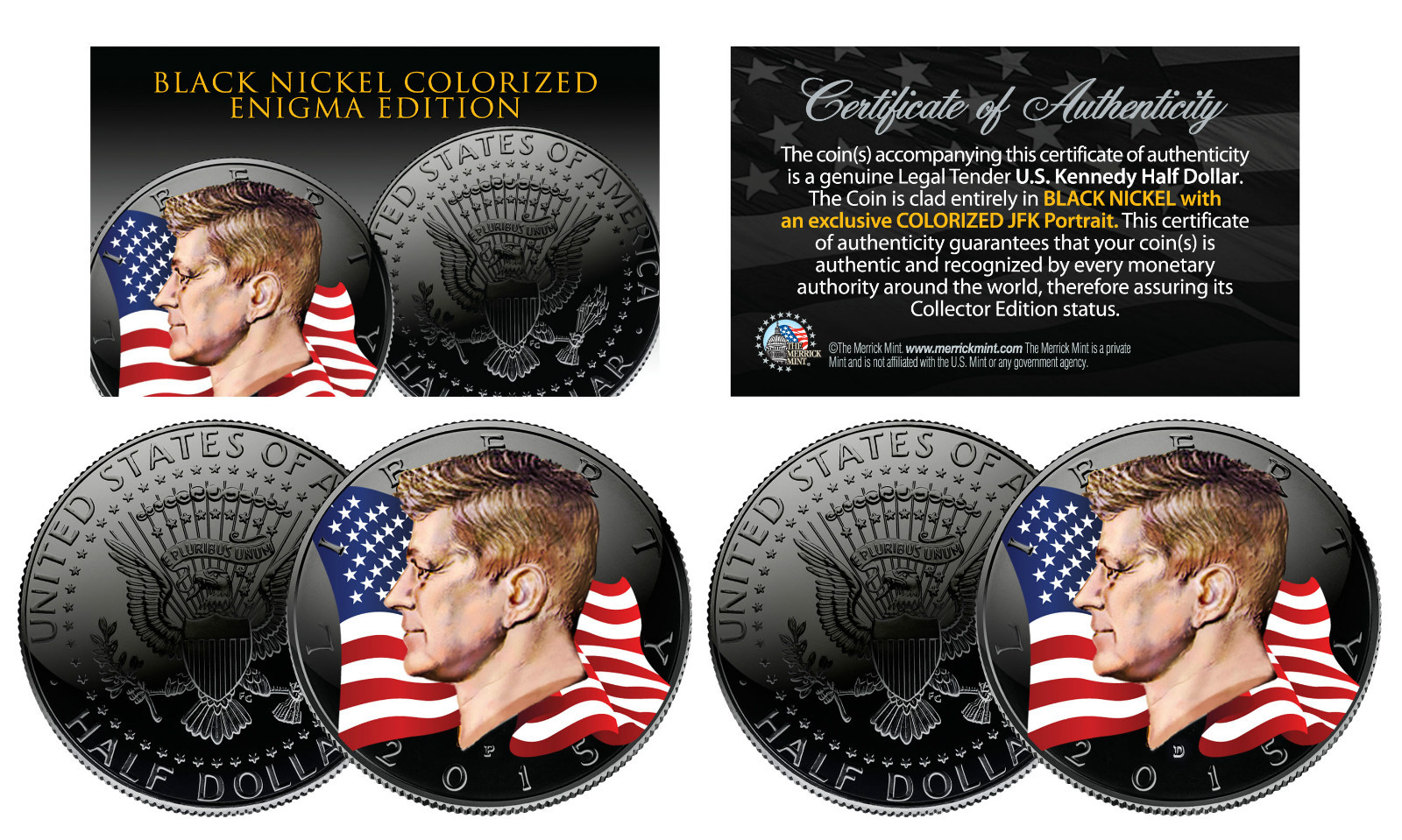 BLACK NICKEL ENIGMA 2015 JFK Half Dollar 2-Coin Set Colorized Portrait P&D Mints