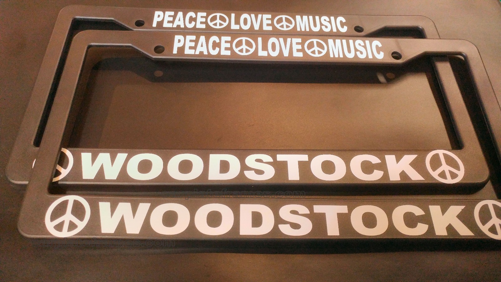 LOT OF 2 WOODSTOCK License Plate Frames  peace love music saugerties bethel ny