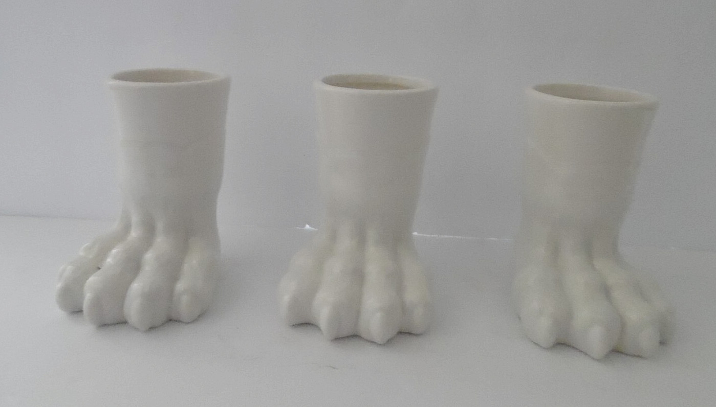 Lot Of 3 Lion Paw Foot Shot Glasses, White Ceramic