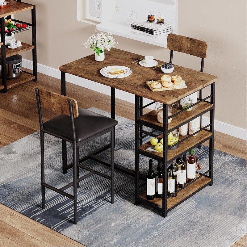 Cozy Upholstered Bar Chairs Dining Table Set W/ Storage Shelves Space Saving New