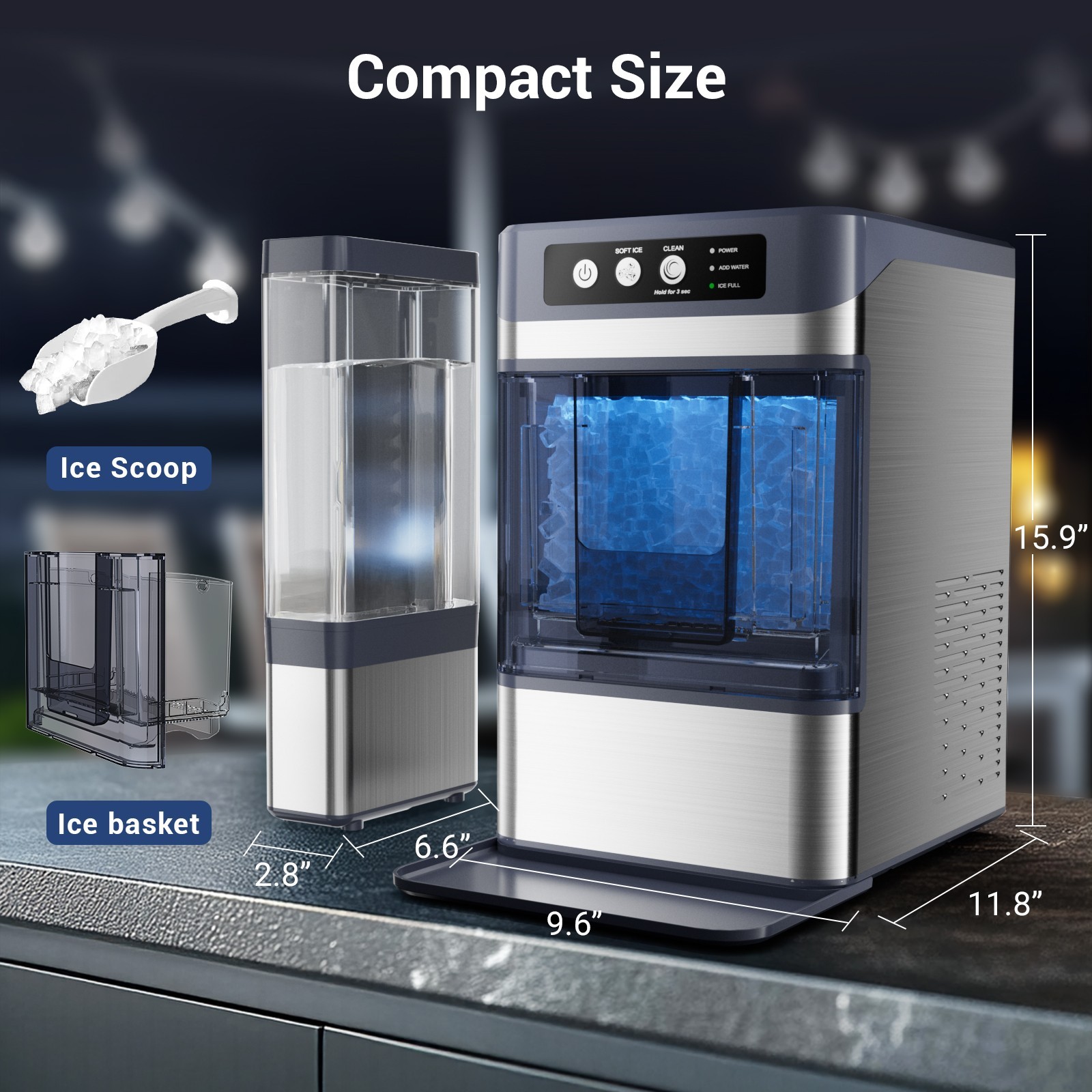 44lb Countertop Nugget Ice Maker 5Mins Fast Pebble Ice Making Machine Self-Clean