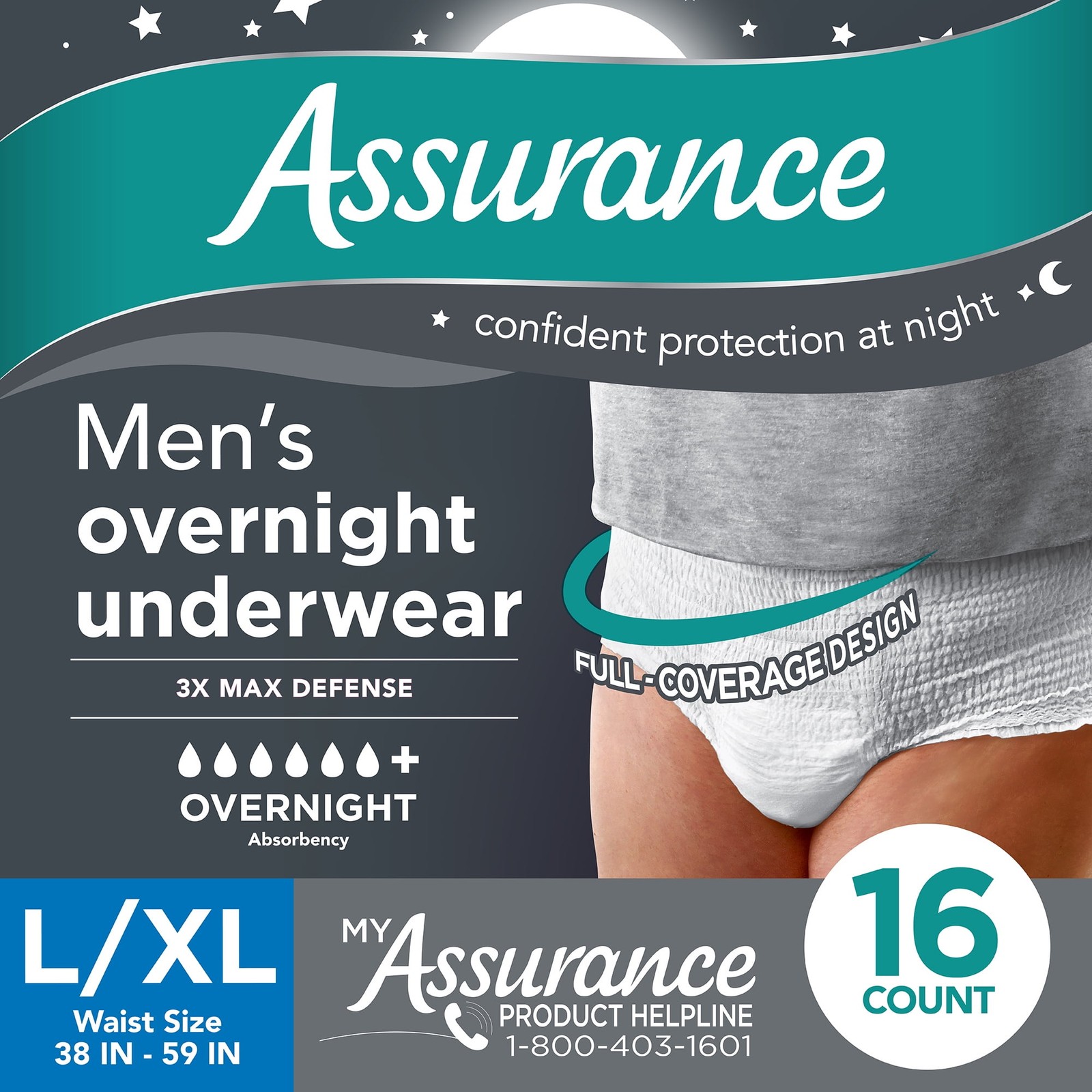 (2 pack) Assurance Men's Overnight Incontinence Underwear, L/XL