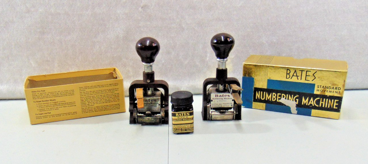 Vintage Bates Numbering E Stamp 6 Wheel Machines, Ink and Original Box
