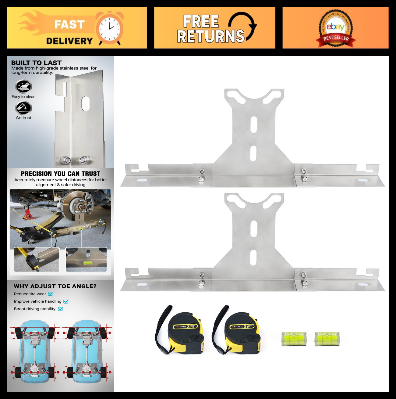 DIY Wheel Alignment Tool - Stainless Steel Toe Plates for Quick Adjustment, Fits