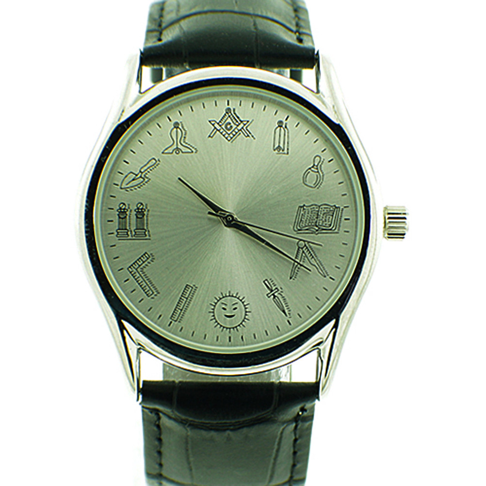 Working Tools - Masonic Watch - Black Leather Band - Round White Face Dial Watch