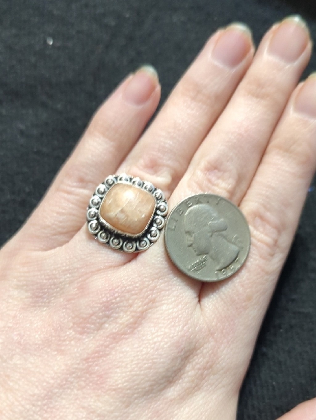 Silver Plated Peach Moonstone Gemstone Square Statement Ring - Size 8