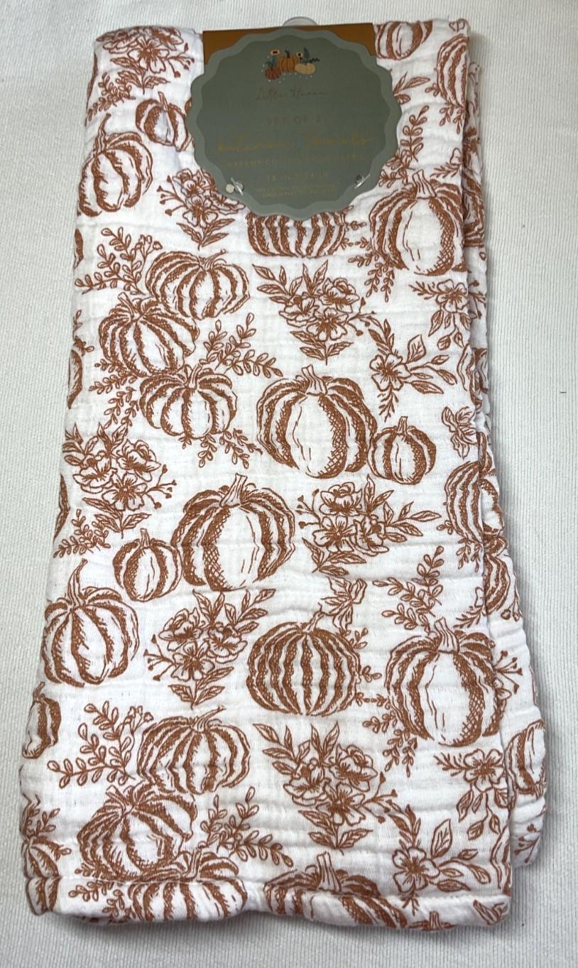LITTLE HAVEN KITCHEN TOWELS (2) PUMPKINS RUST WHITE 18 X 28 COTTON GAUZE NIP