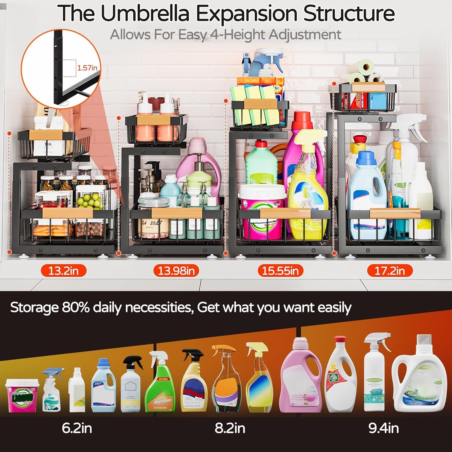 Under Sink Organizer, 2 Pack 2 Tier Expandable Height (13.2" - 17.2") Pull