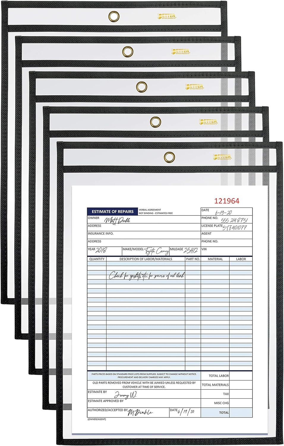 Shop Ticket Holders, 9 x 12 Inches, Both Sides Clear, Stitched Black Edge Trim,