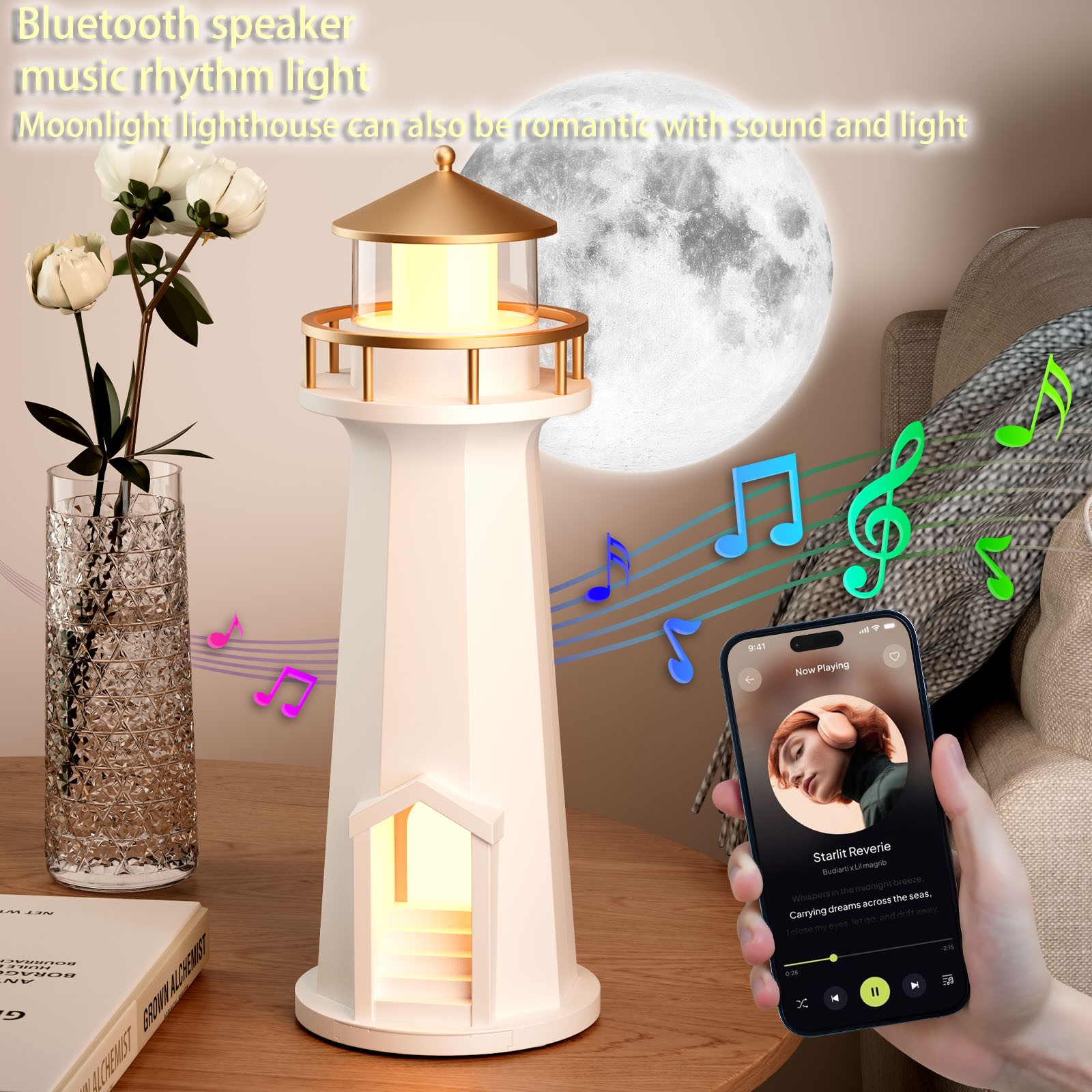Moon Projector Atmosphere Night Light with Wireless Charger & Bluetooth Speaker