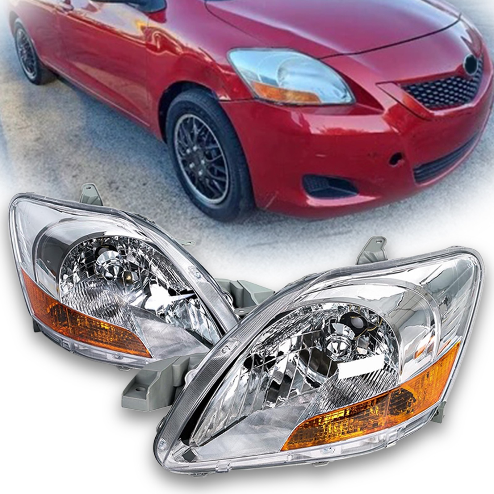 For 2007-2011 Toyota Yaris 4-Dr Sedan Replacement Headlights Headlamp LH+RH