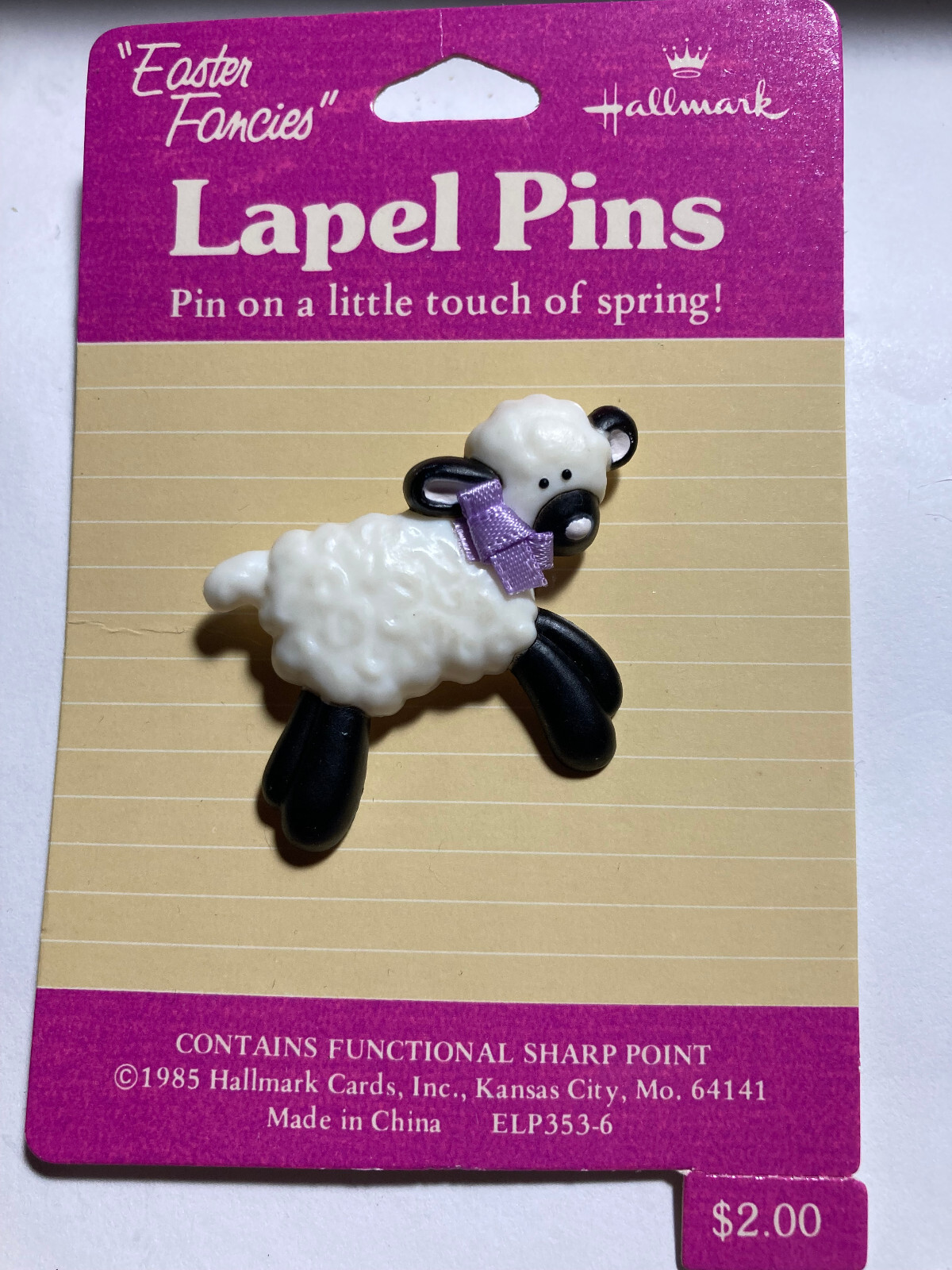 1985 Hallmark Easter Lapel Pin Lamb Sheep with Bow Collar NEW on CARD