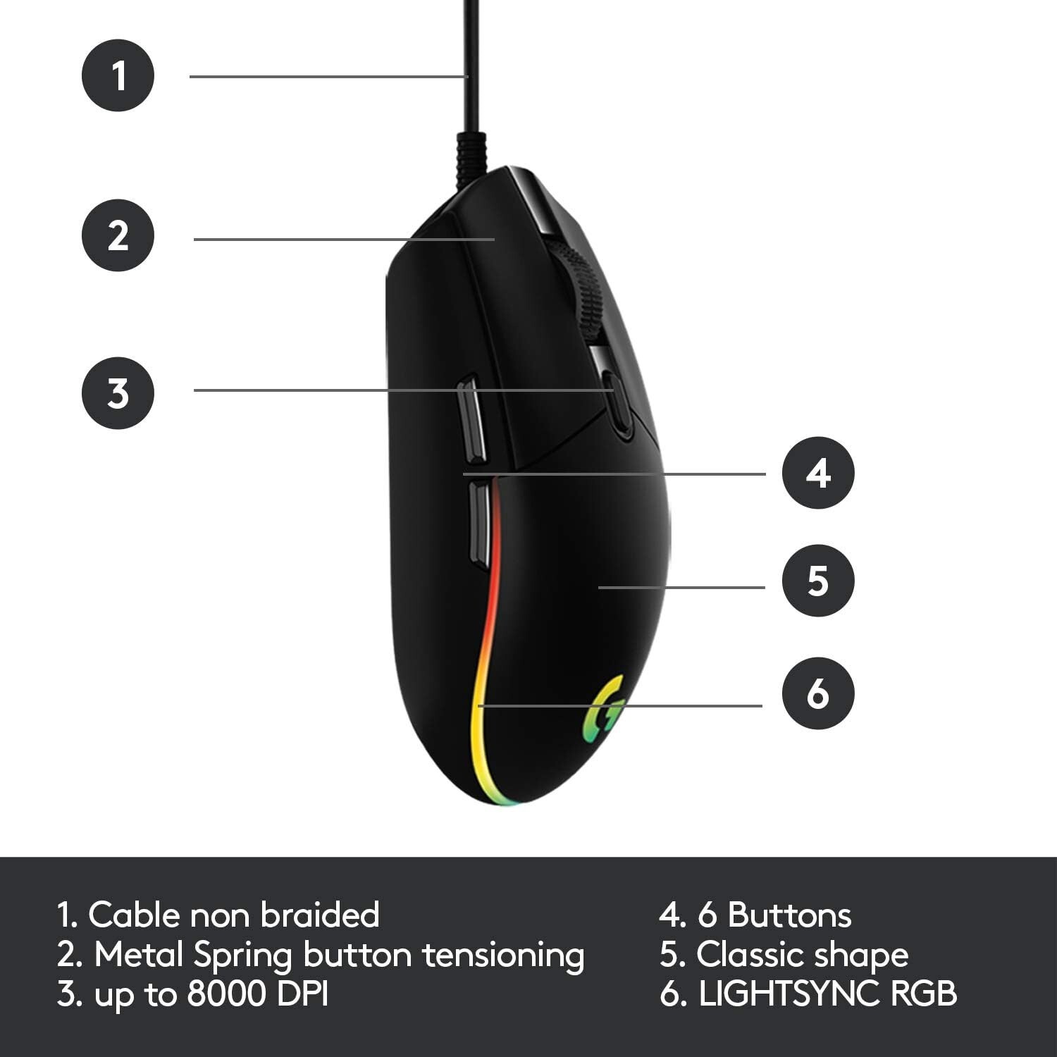 Logitech G203 LightSync Wired Gaming Mouse--Black