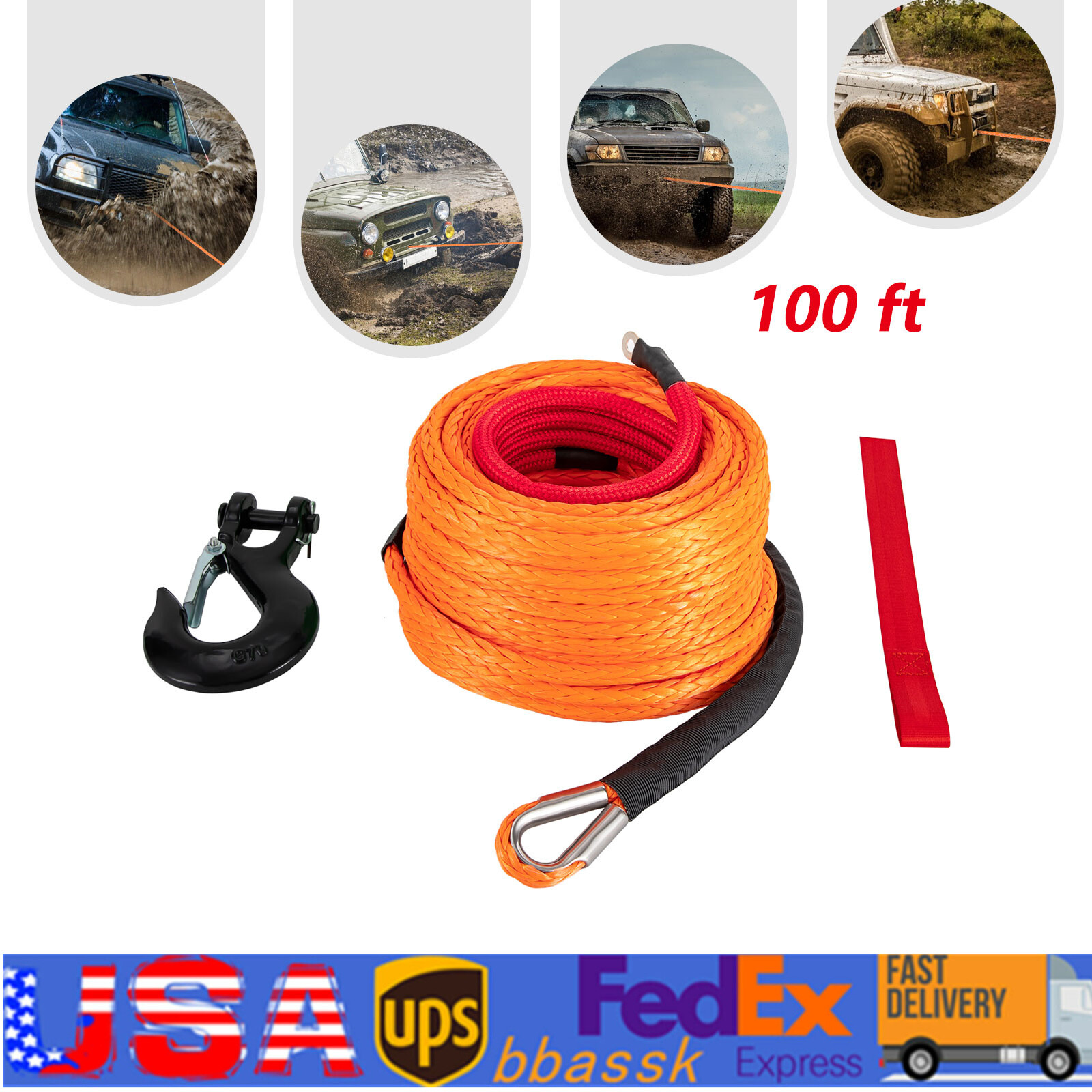 Synthetic Winch Rope 23809 lbs Dyneema Winch Cable Line with Hook 3/8" x 100ft