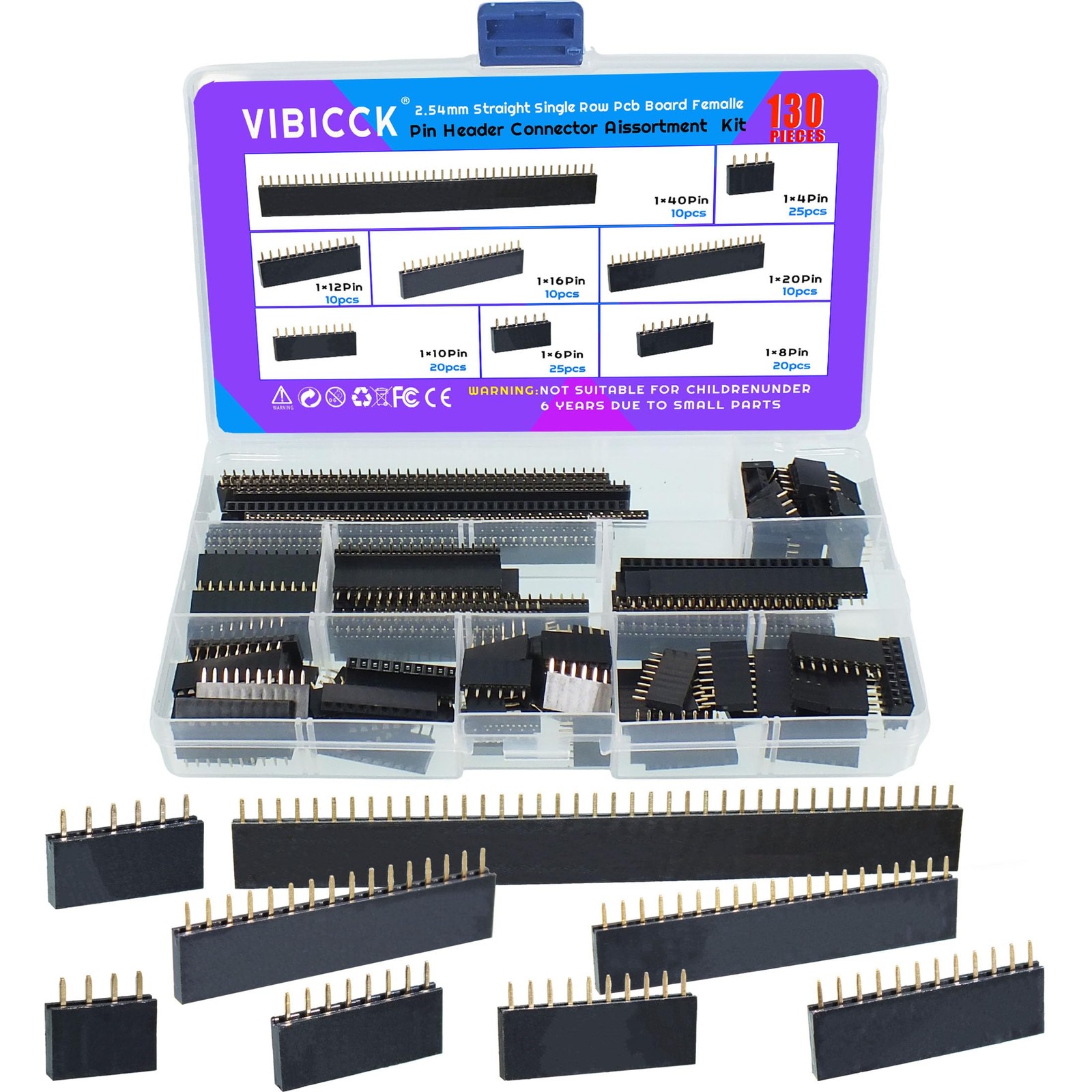 VIBICCK 130Pcs Single Row 2.54mm Straight PCB Board Female 130PCS