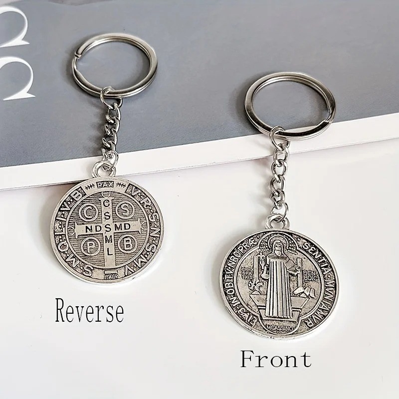 Jesus St Benedict Pendant Keychain, Vintage Double-Sided Cross Alloy Key Chain