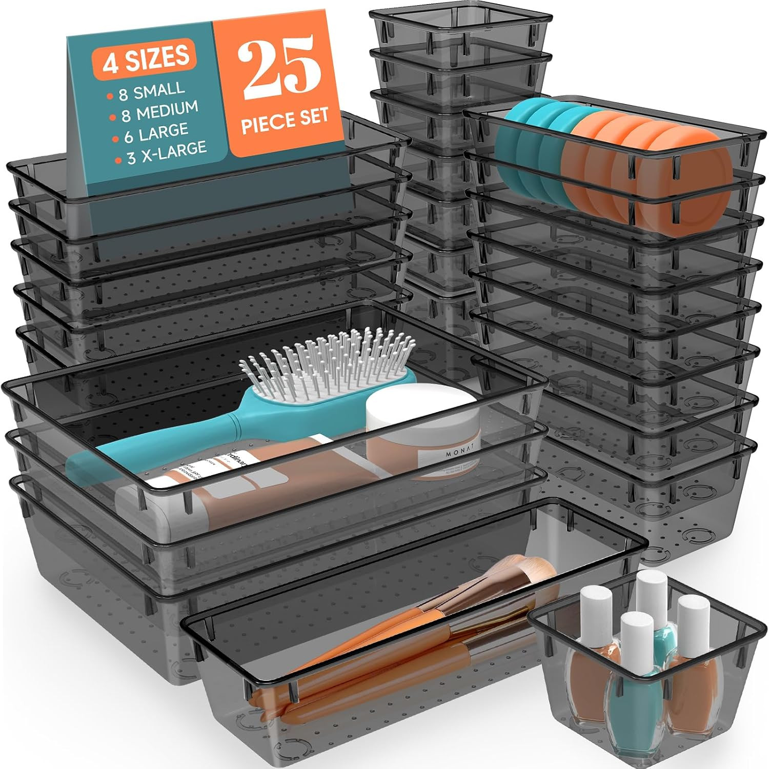 25 PCS Plastic Drawer Organizer Set  4-Size Versatile Organizer Trays & storage