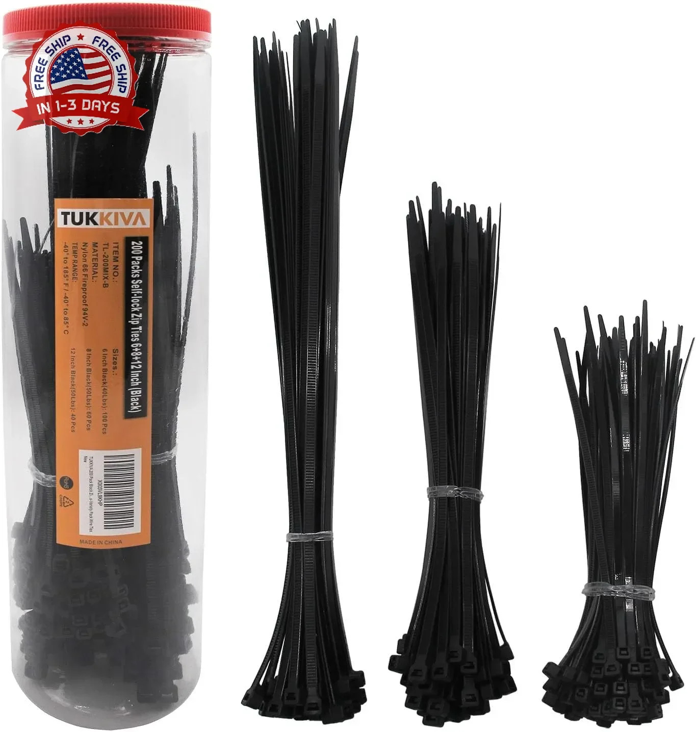 200 Pack Black Zip Ties Assorted Sizes 6+8+12 Inch Heavy Duty Cable Ties - Varie