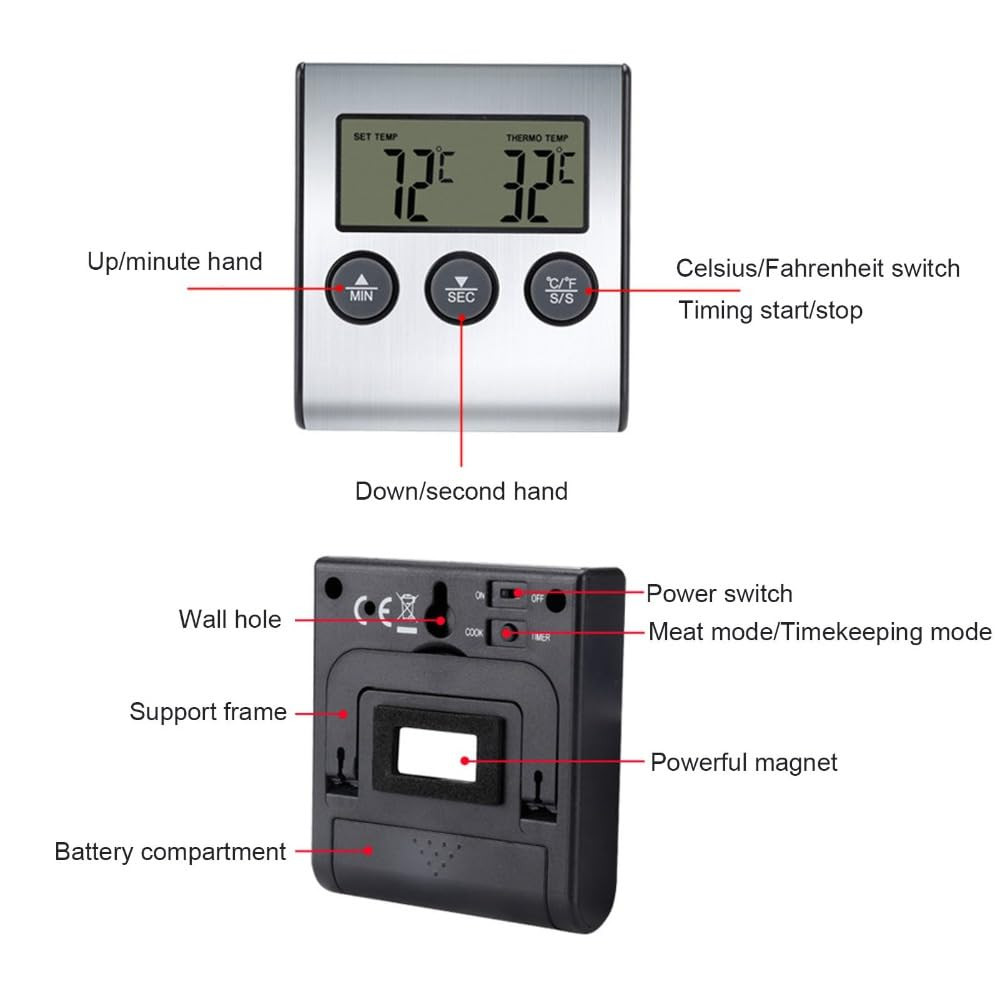Digital Meat Thermometer with Timer, 0°C to 250°C LCD BBQ Probe Thermometer with
