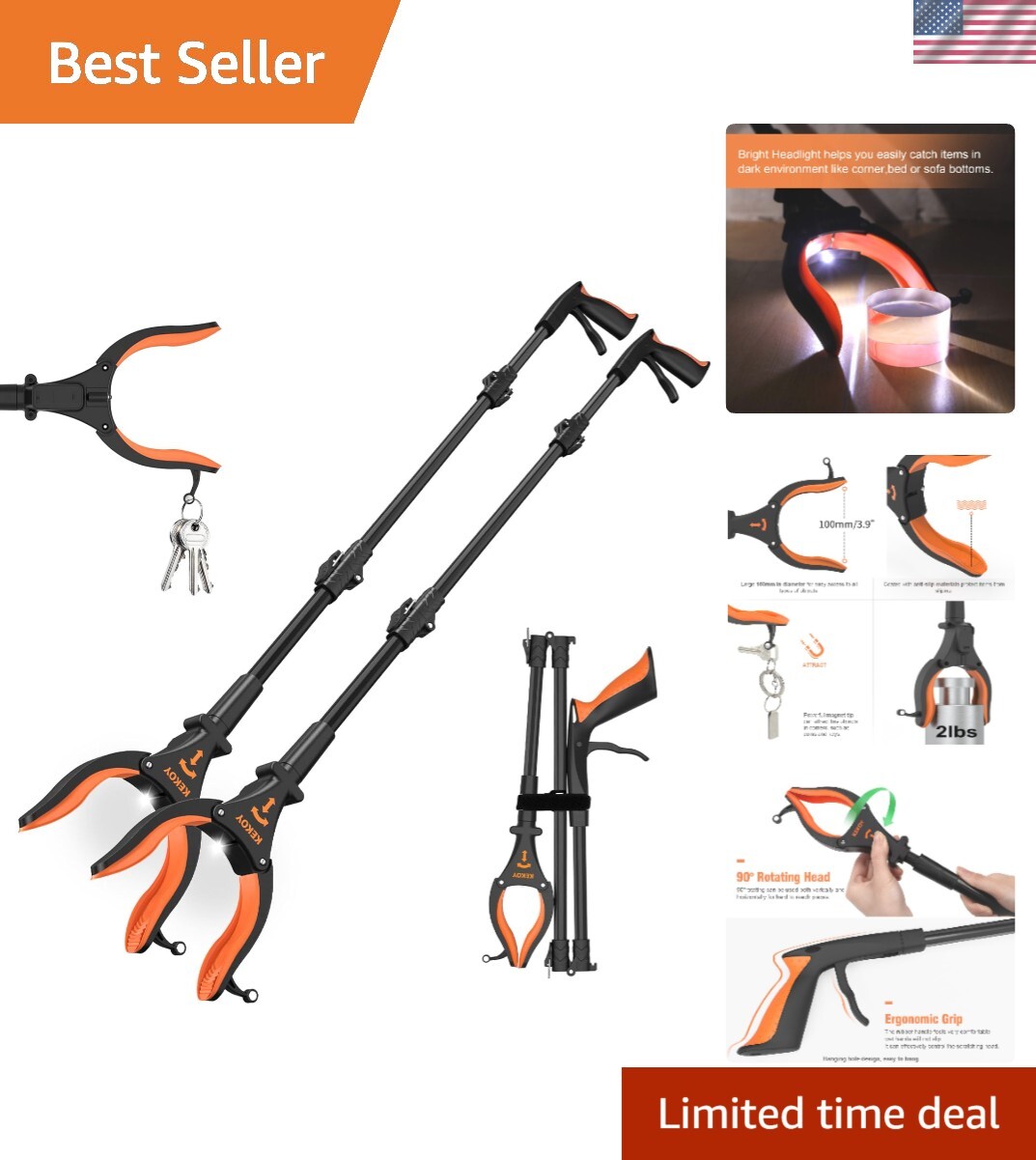 Enhanced 32'' Grabber Tool with LED and Anti-Slip Grip for Safe Object Retrieval