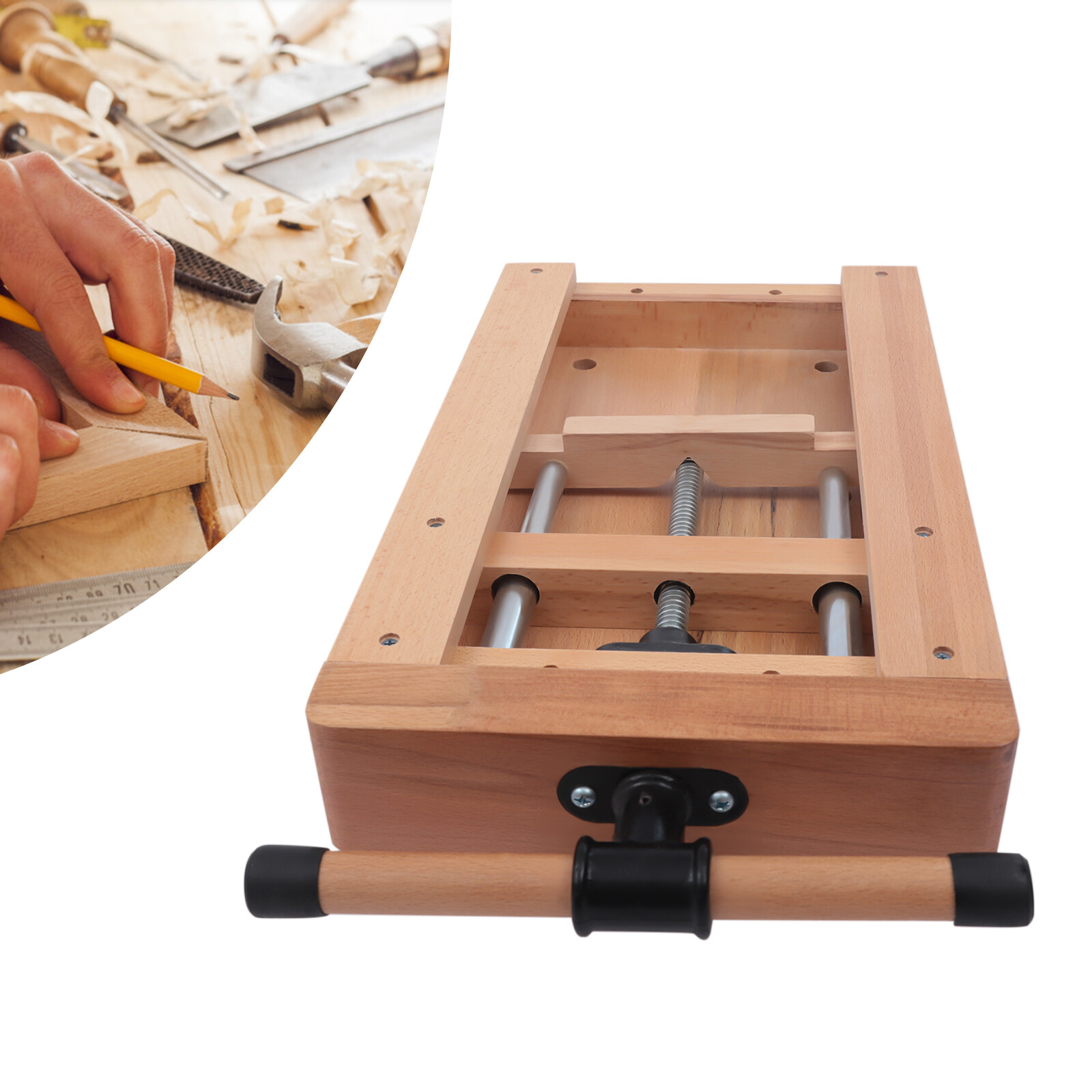 Mobile Workbench, Solid Beech Wood Workbench with 7.87-inch Clamping Range,