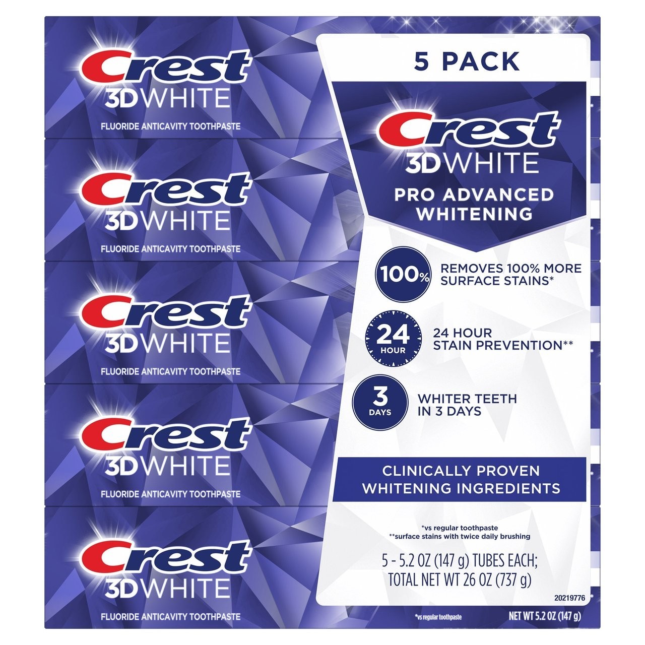 Crest 3D White Advanced Whitening Toothpaste, 5.2 oz (Pack of 5)