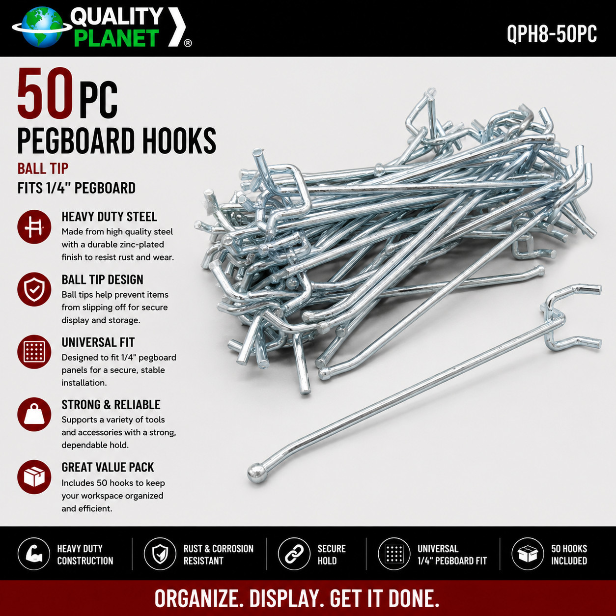 (50) 8" PEGBOARD HOOKS BALL TIP Garage Peg Board Tool Display Fits 1/4"