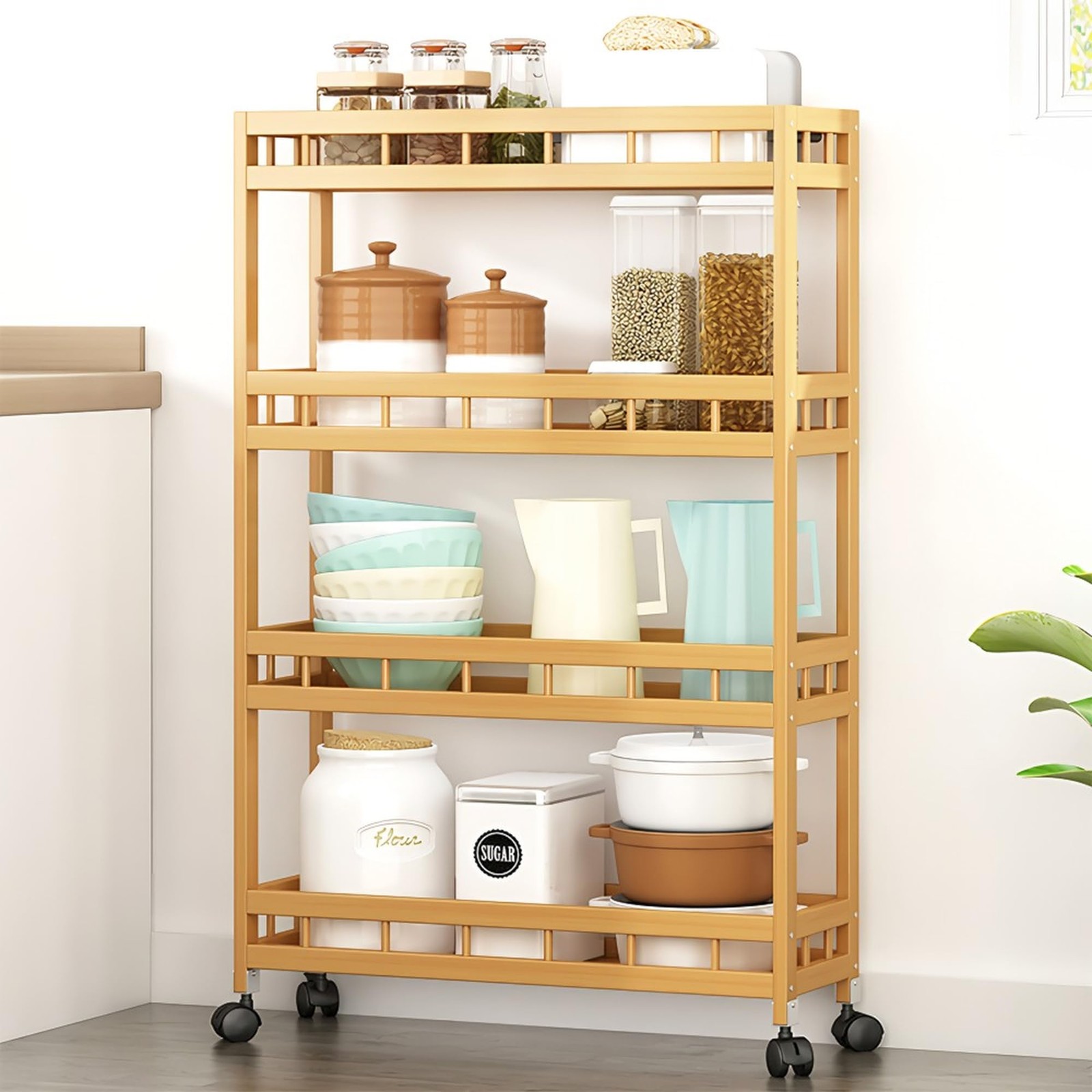 4-Tier Bamboo Kitchen Rolling Cart Removable Wood Trolley Island Cart, Utilit...
