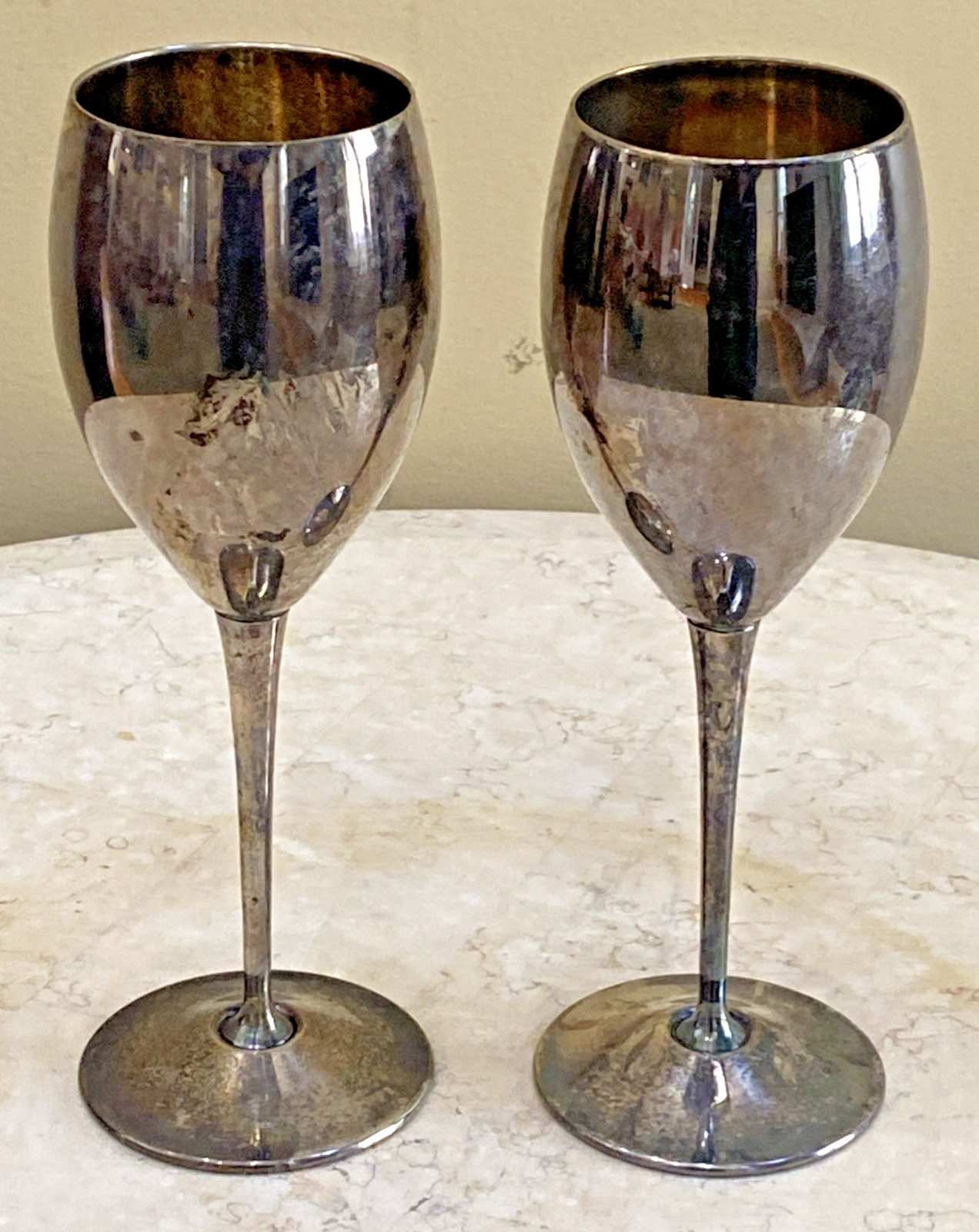 Vintage De Uberti 8 Inch Tall Silver Plated Goblet Set of 2 Wine Glasses Italy