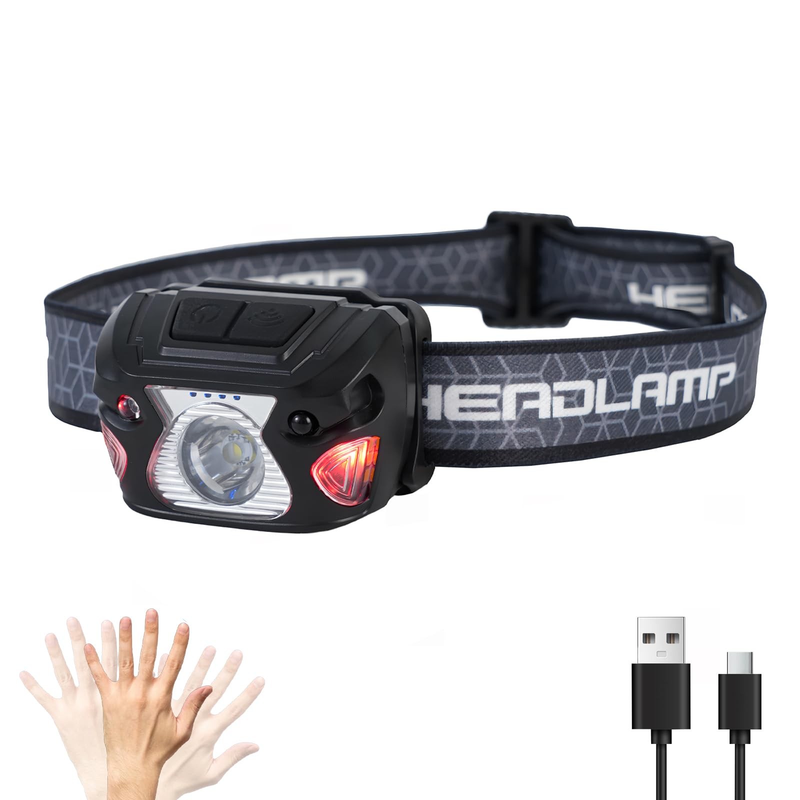 JyliRenz Outdoor Head Lamp, Rechargeable Type-C, 6Modes, 1000+ Small, Black