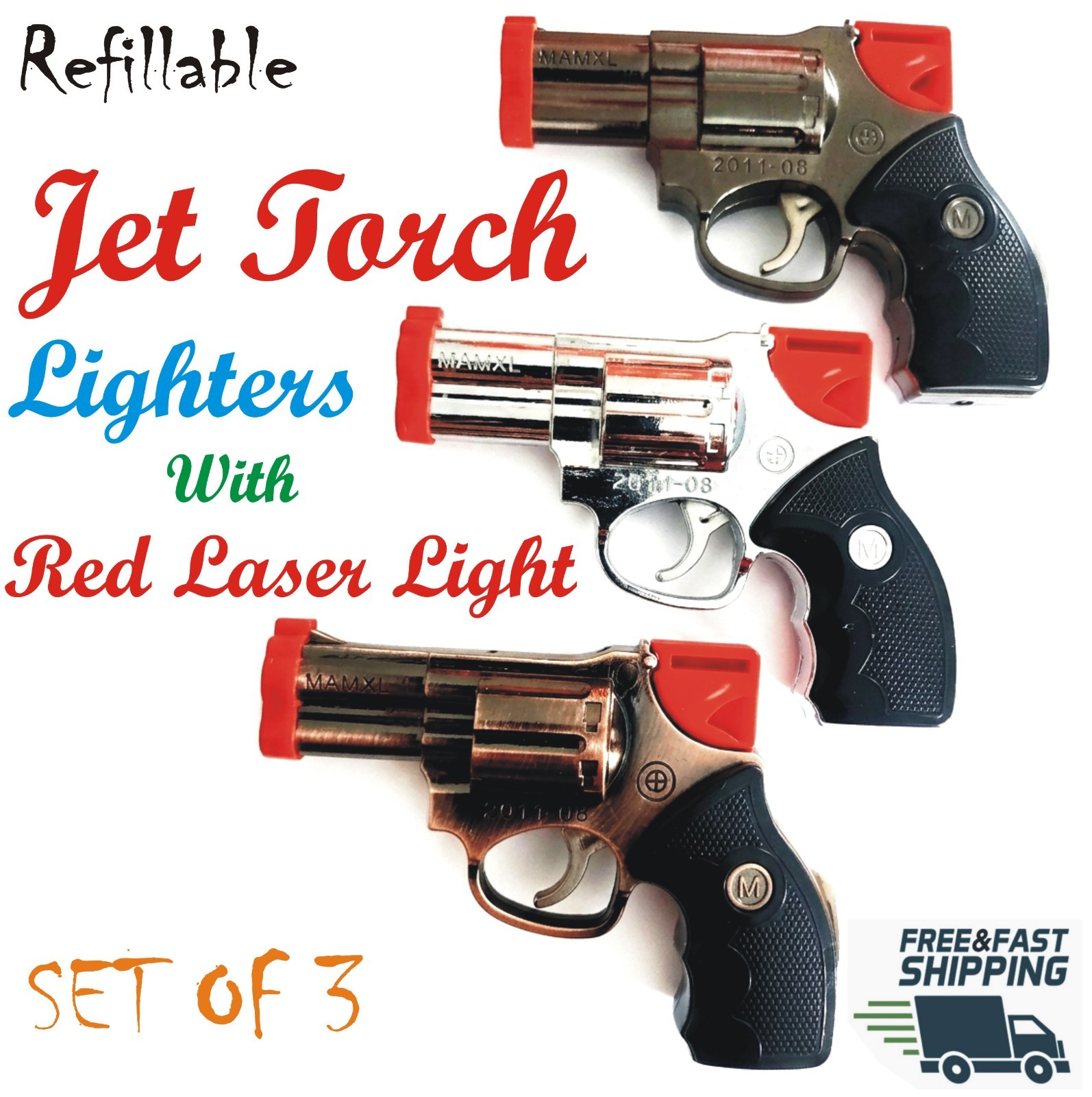 Medium Pistol Gun Revolver Refillable Jet Torch Lighter With Red Laser Light 3PK